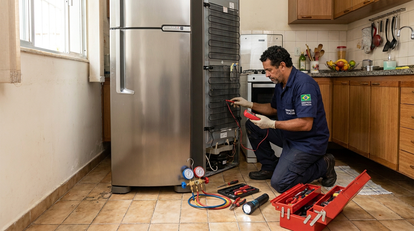Técnico realizando manutenção de motor de geladeira em Franca‑SP