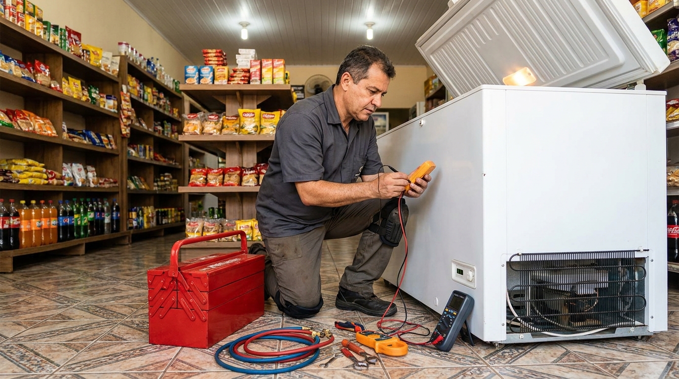 Recarga de gás refrigerante em freezer em atendimento em Franca‑SP
