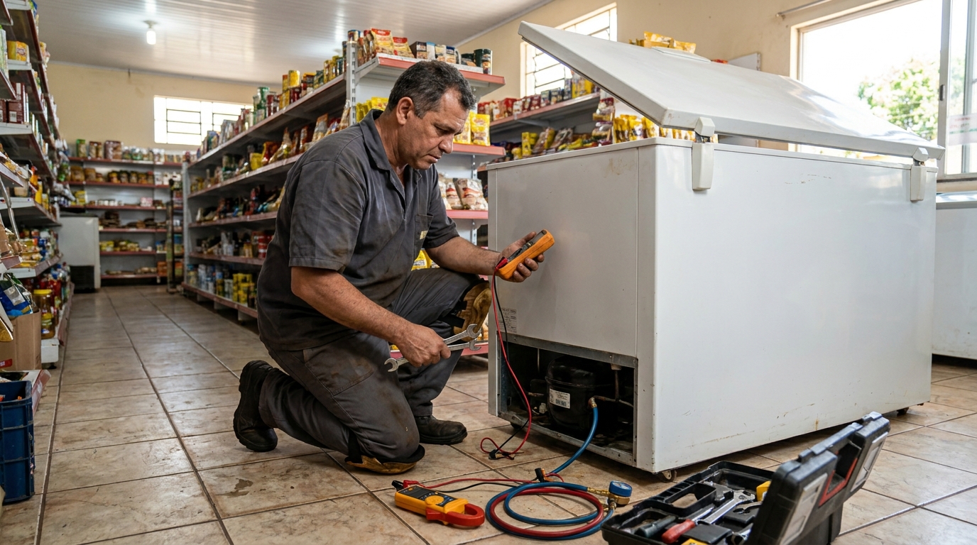 Troca de termostato de freezer em atendimento técnico em Franca‑SP